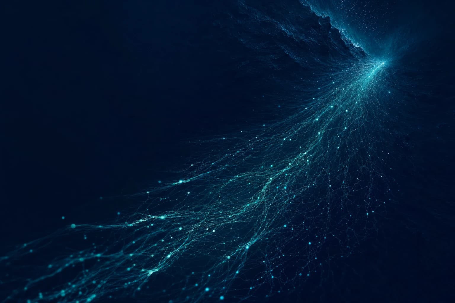Teal data fibers converge toward a bright point across a deep navy field