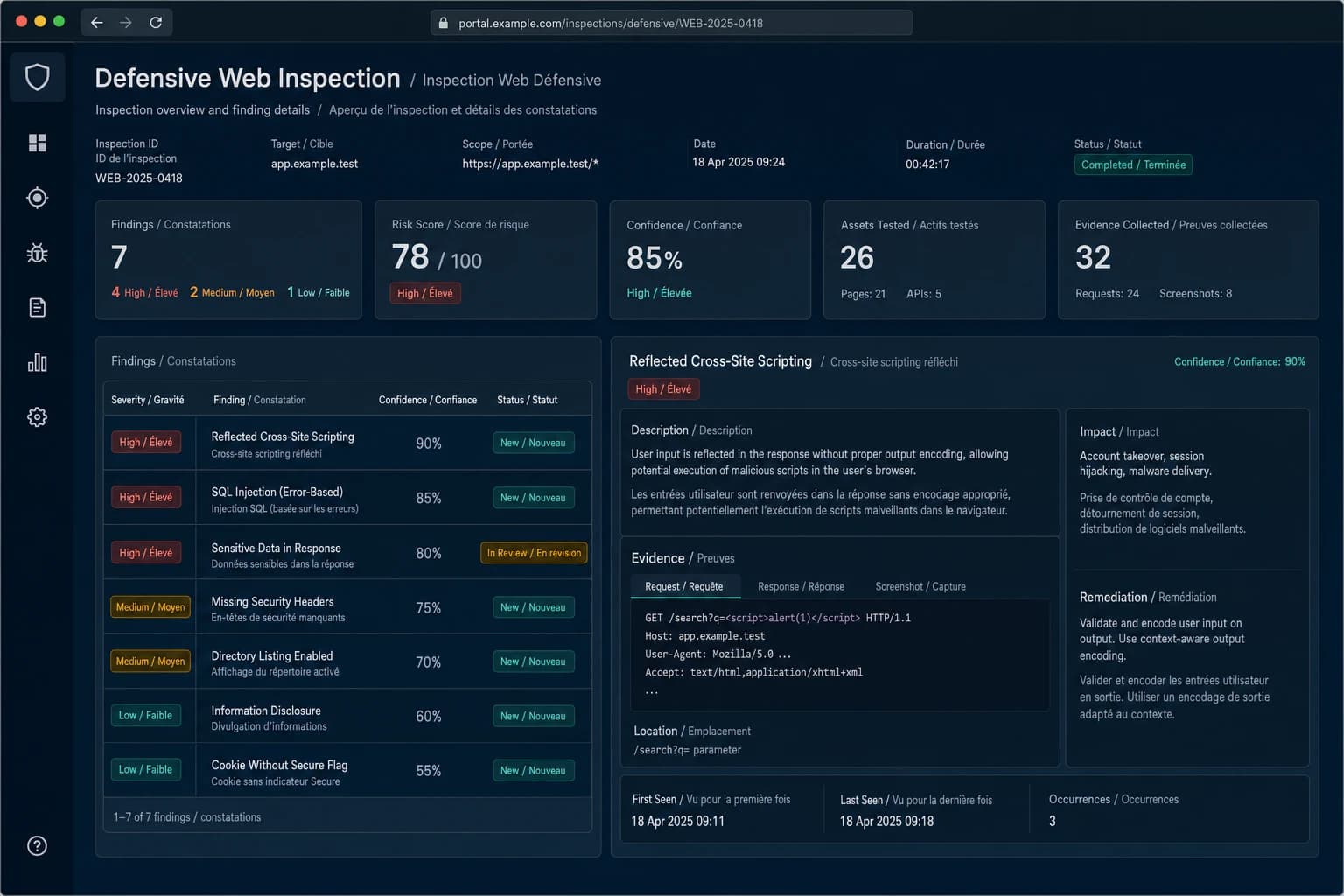 A dark bilingual inspection workspace showing findings, confidence, evidence, and remediation context