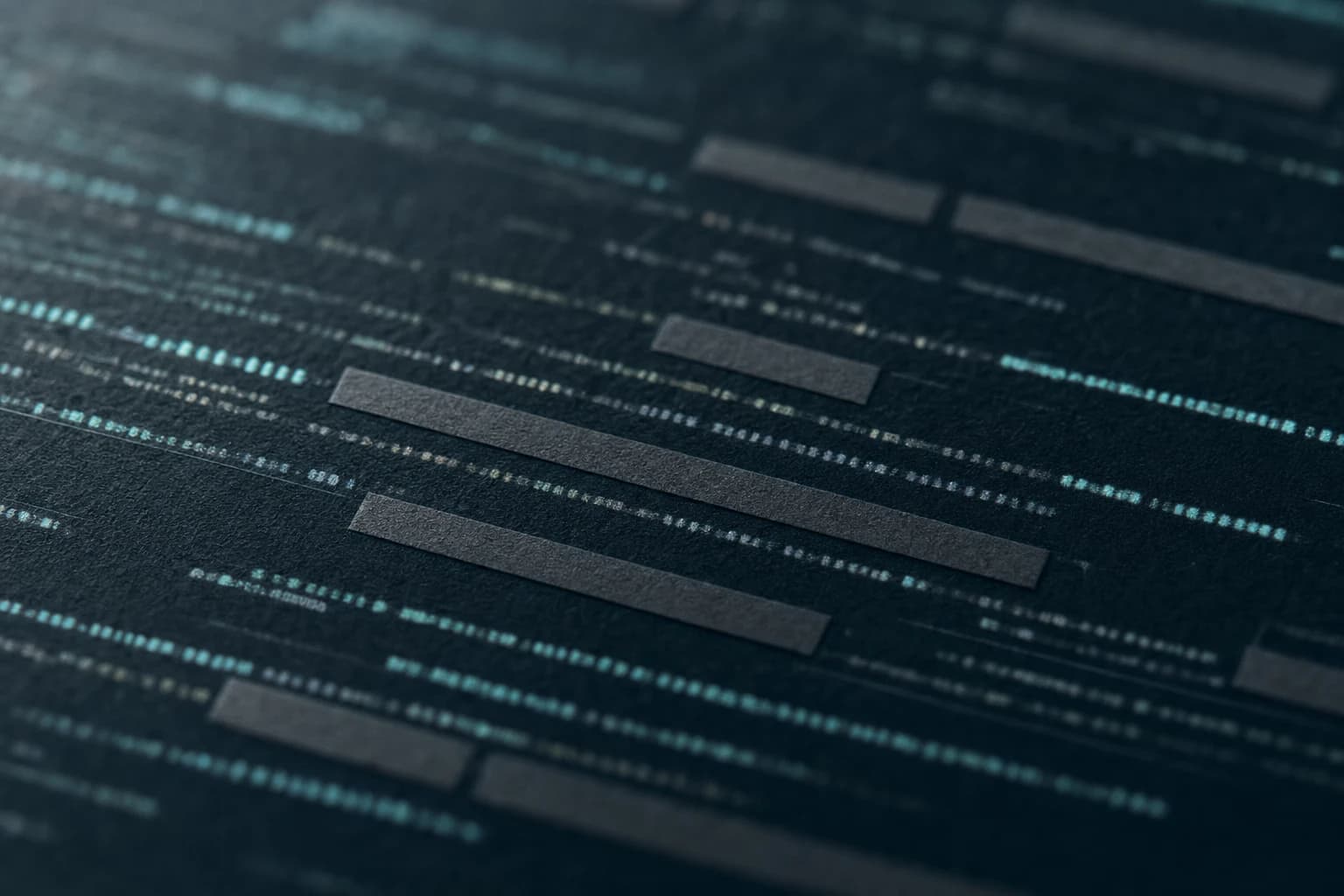 Masked bands sit across blurred code-like lines in a dark engineering workspace